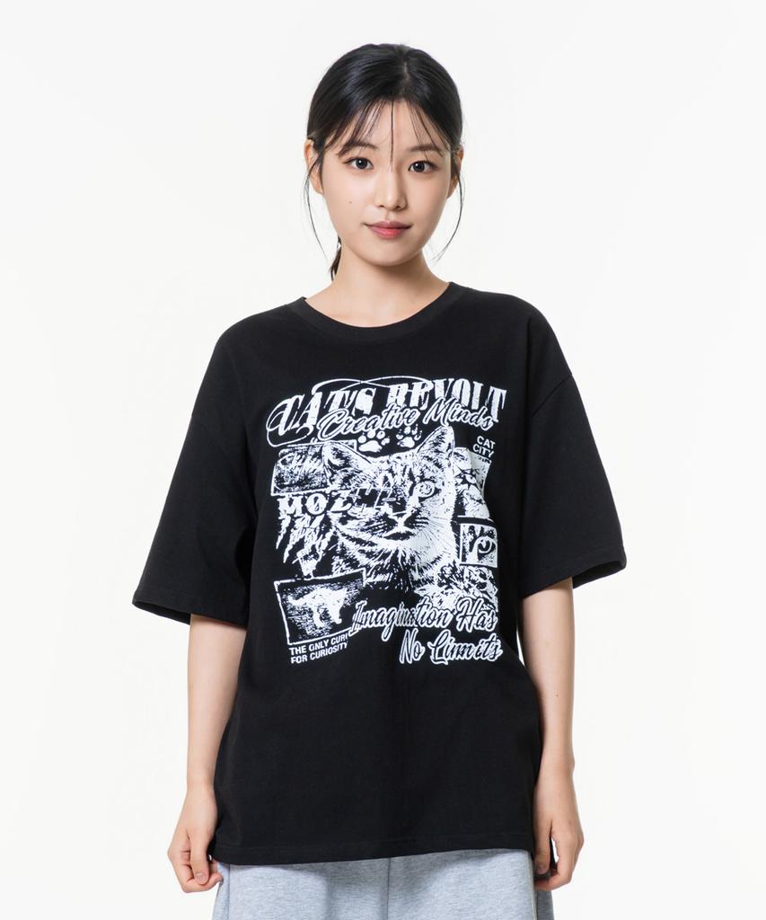 MOZMOZ Icat Oversized Graphic Short Sleeve T-Shirt Black
