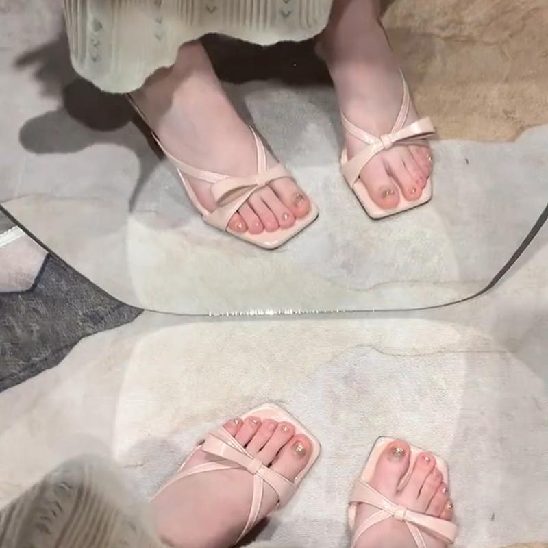Slippers for Women 2025, High-end Fairy Style Butterfly Bow Pink Square Toe Exposed Toe Slim Heel High-heeled Sandals