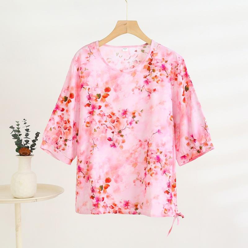 Mid-sleeved T-shirt, Sweet Floral Print, Stylish Drawstring Top, Summer Thin Plus-size Pullover