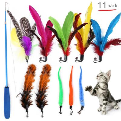 11ks Cat Teaser Stick Náhradní hlava Caterpillar Feather Pet Set Výsuvný rybářský prut Hračky pro kočky