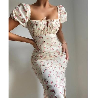 Dámské francouzské vintage šaty s hranatým výstřihem, letní sexy květinový potisk, nafouklé rukávy, štíhlé rozdělené šaty pro ženy, Robe Femme 25432