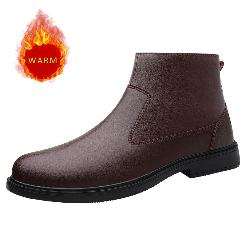 Fashion 2024 Men's Fashionable Leather Boots Autumn and Winter High-top Sleeve Cowhide Side Zipper Large Pile Warm Cotton Boots