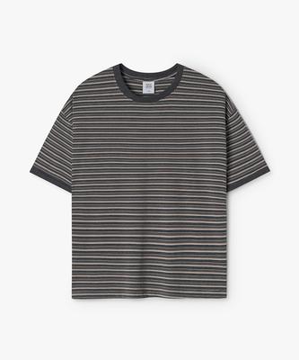 WEST GRAND BOULEVARD Semi-Over Multi-Stripe Ringer T-Shirt Mono Grey