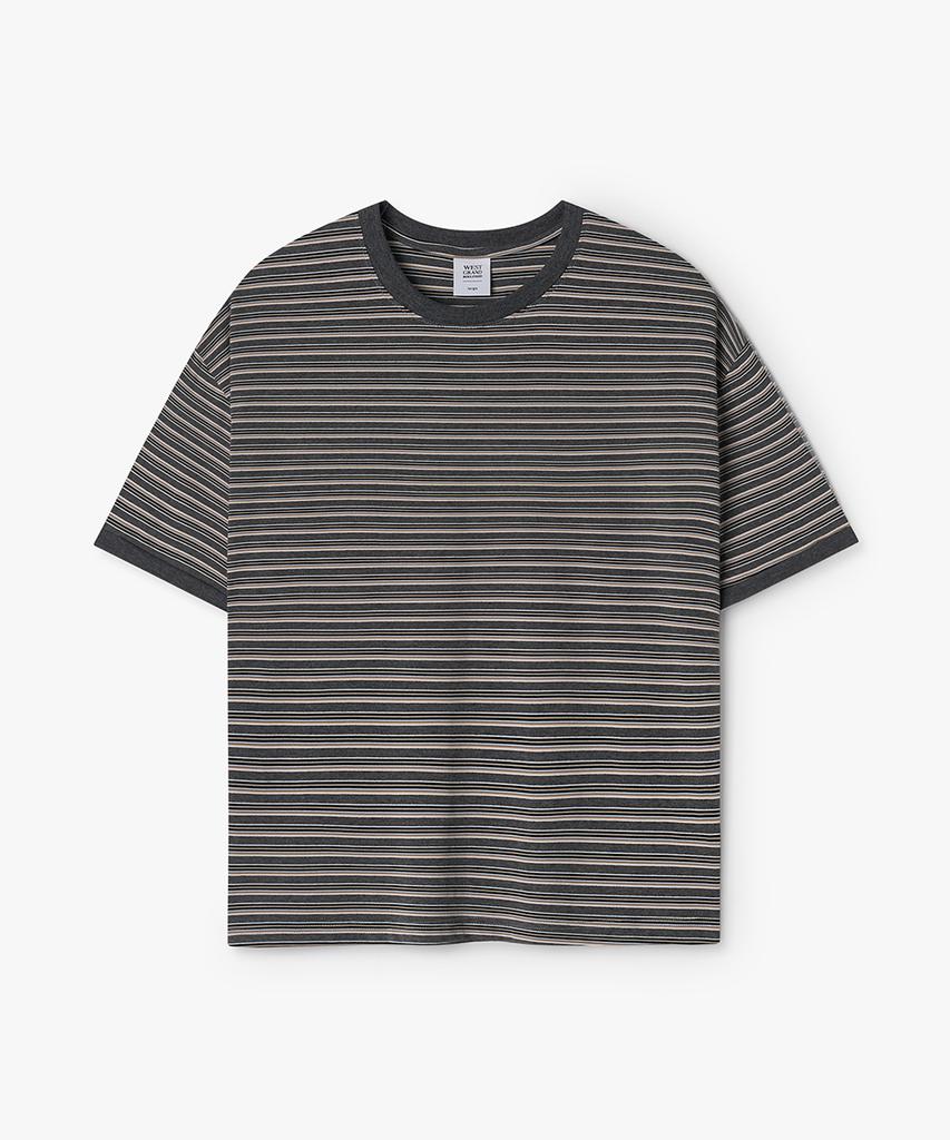 WEST GRAND BOULEVARD Semi-Over Multi-Stripe Ringer T-Shirt Mono Grey