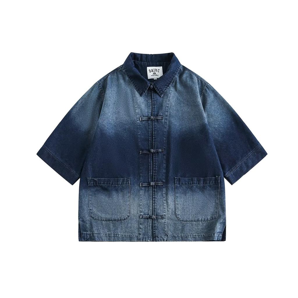2024 Summer New Chinese Style National Style Do the Old Cowboy Coat for Boys and Girls Loose Retro Buckle Washed Denim Top