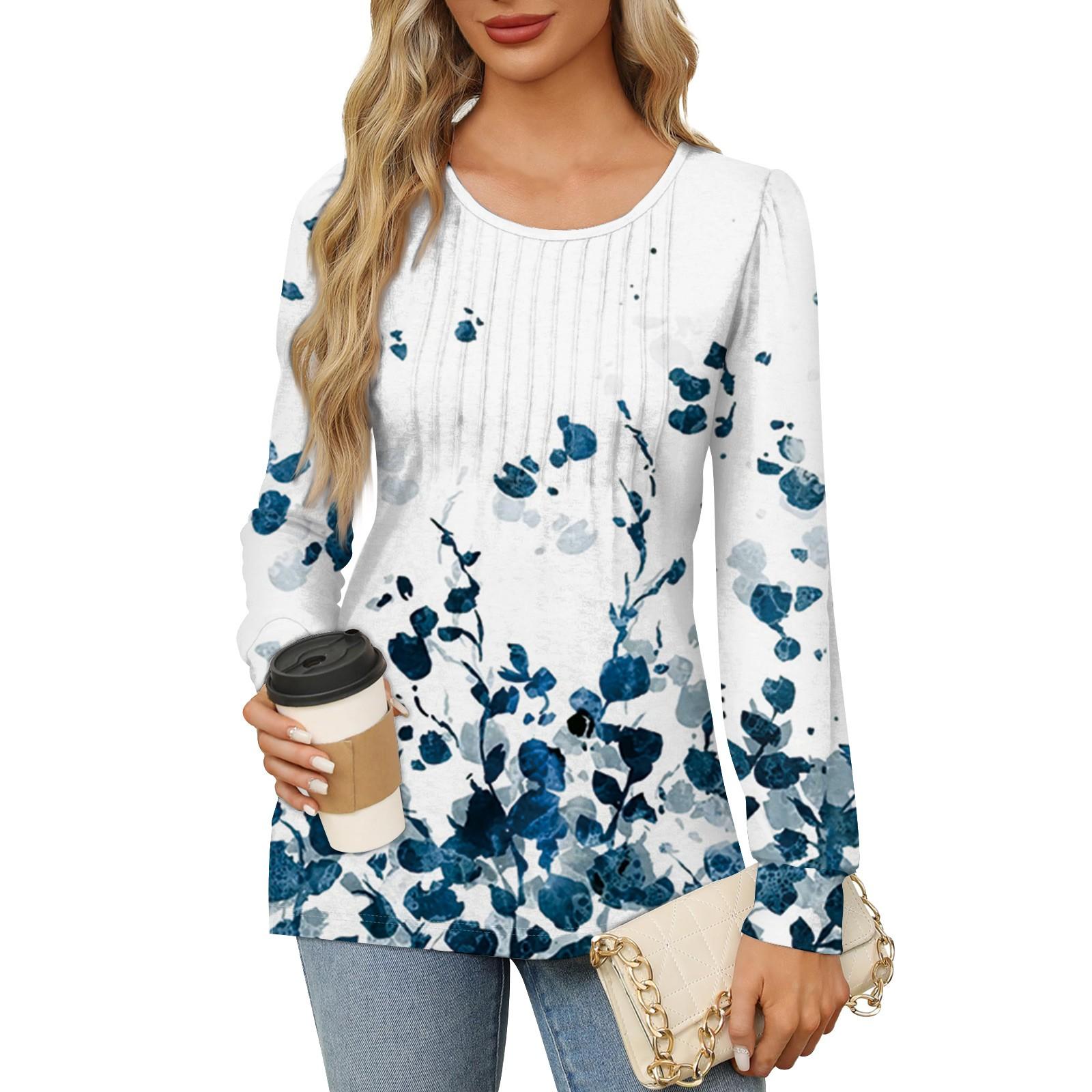 

Женская повседневная плиссированная футболка с круглым вырезом и длинными рукавами с градиентным принтом S синий