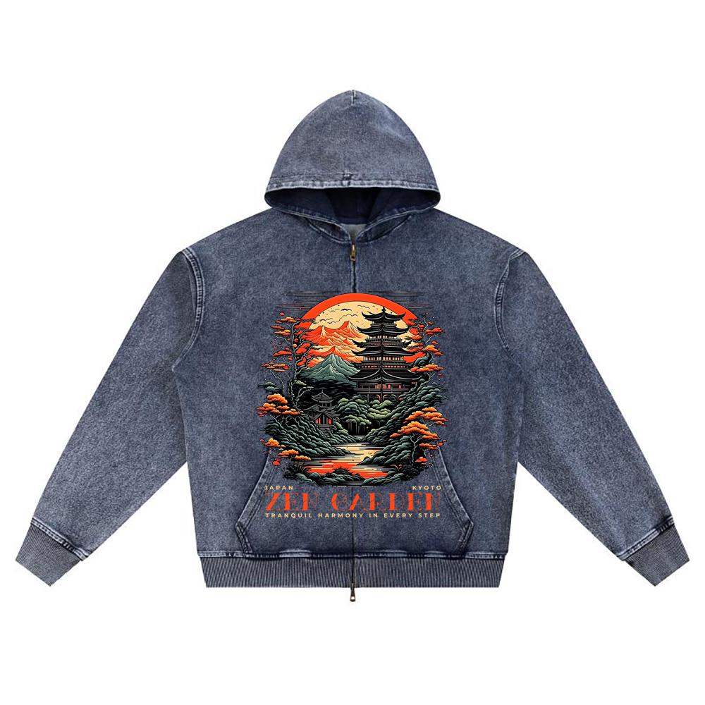 

DTG print Knitted Denim Zip-Up Hoodie Zen Garden Brother Print Zipper Hoodies XL