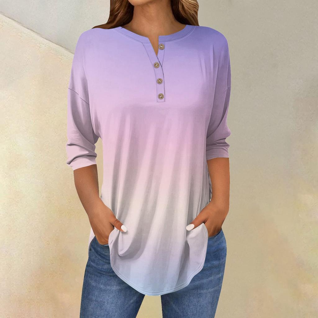 Women's Fashion Casual Three-quarter Sleeve Gradient Printed Round Neck T-shirt Top