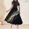 Women Plus Size Round Neck Short Sleeve Galaxy Printed A Line Long Dress