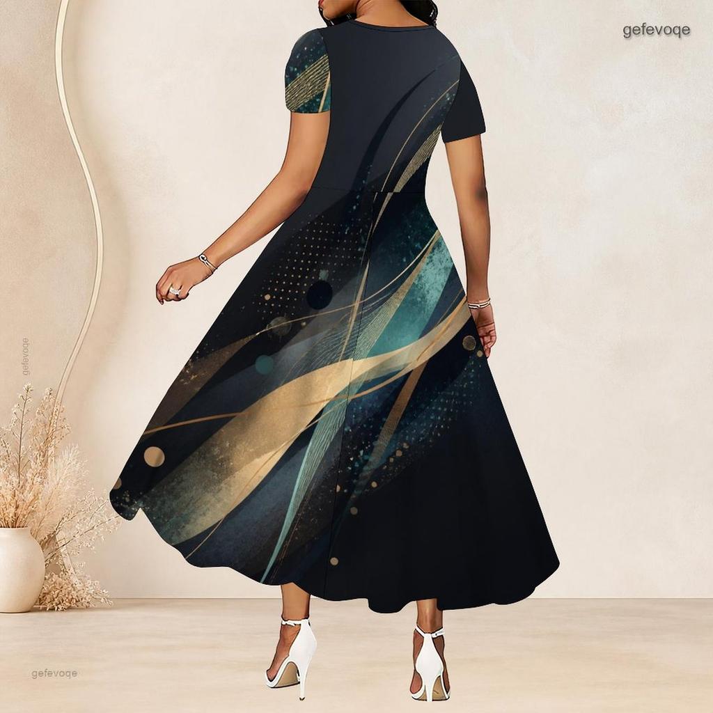 Women Plus Size Round Neck Short Sleeve Galaxy Printed A Line Long Dress