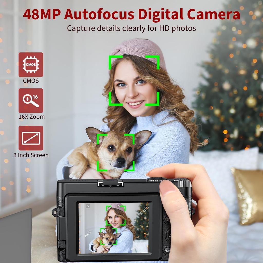 4K Digital Camera for Photography Autofocus, 48MP Vlogging Camera with Flash Anti-Shake, 3'' 180° Flip Screen Compact Travel Camera 16X Zoom Camera