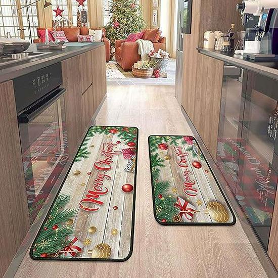Cross-Border Christmas Holiday Two-Piece Kitchen Mat Set - Oil-Absorbing, Dirt-Resistant
