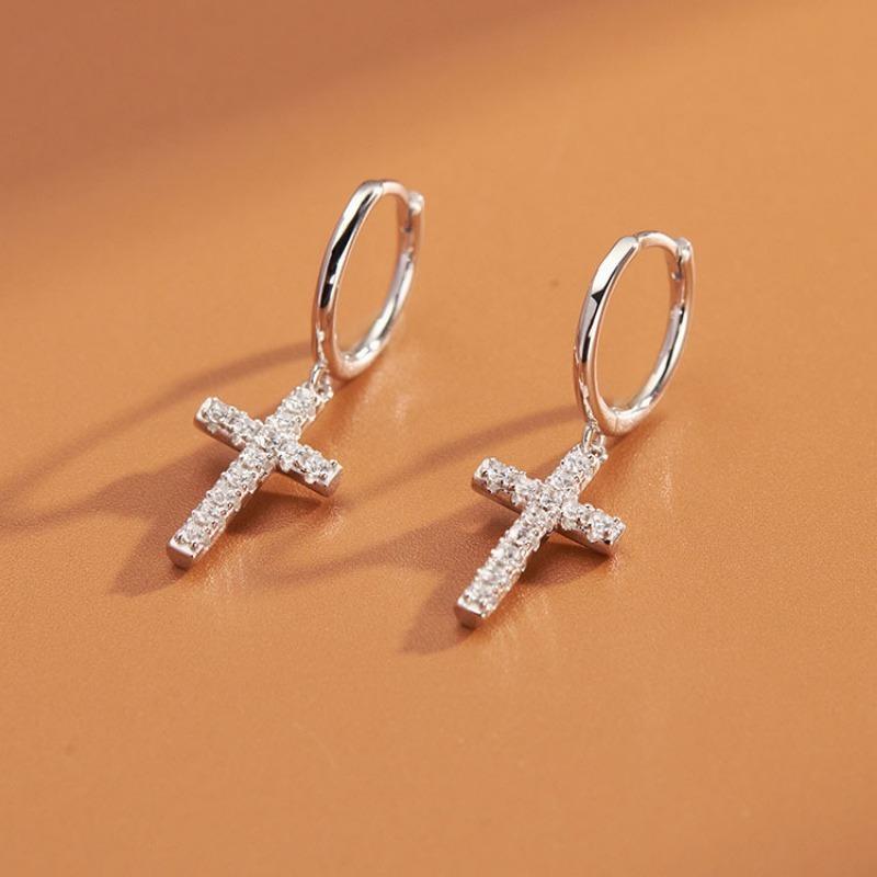Women 925 Silver Cross Rhinestone Inlaid Hoop Dangle Earrings
