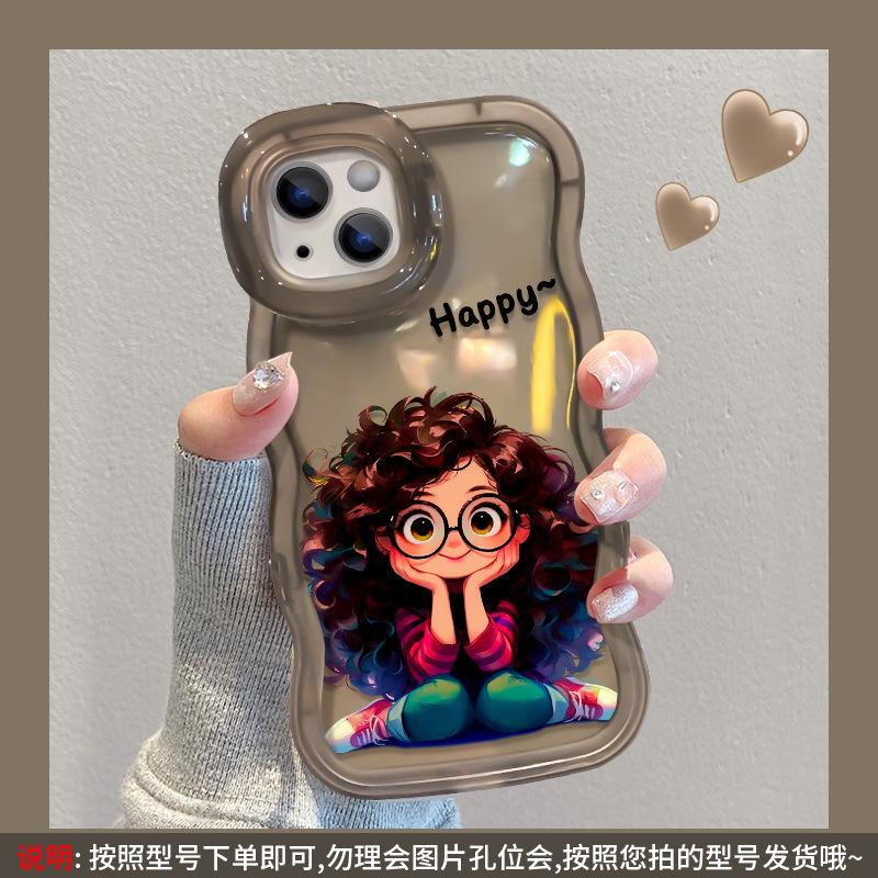 Applicable To Apple 15 Mobile Phone Case iPhone17promax Cute Curly Hair Girl 16 Invisible Double Bracket 14 Silicone