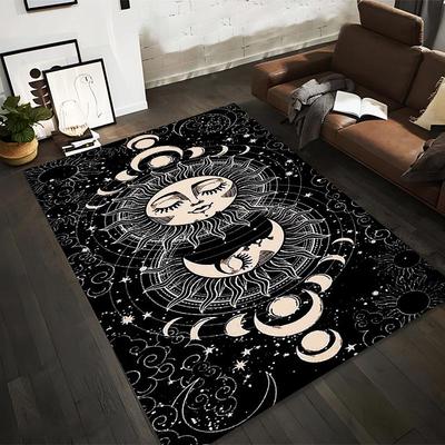 Vintage Black Moon and Sun Pattern Rug with Celestial Design Suitable for Use As an Anti-slip for Living Room Bedroom Sofas
