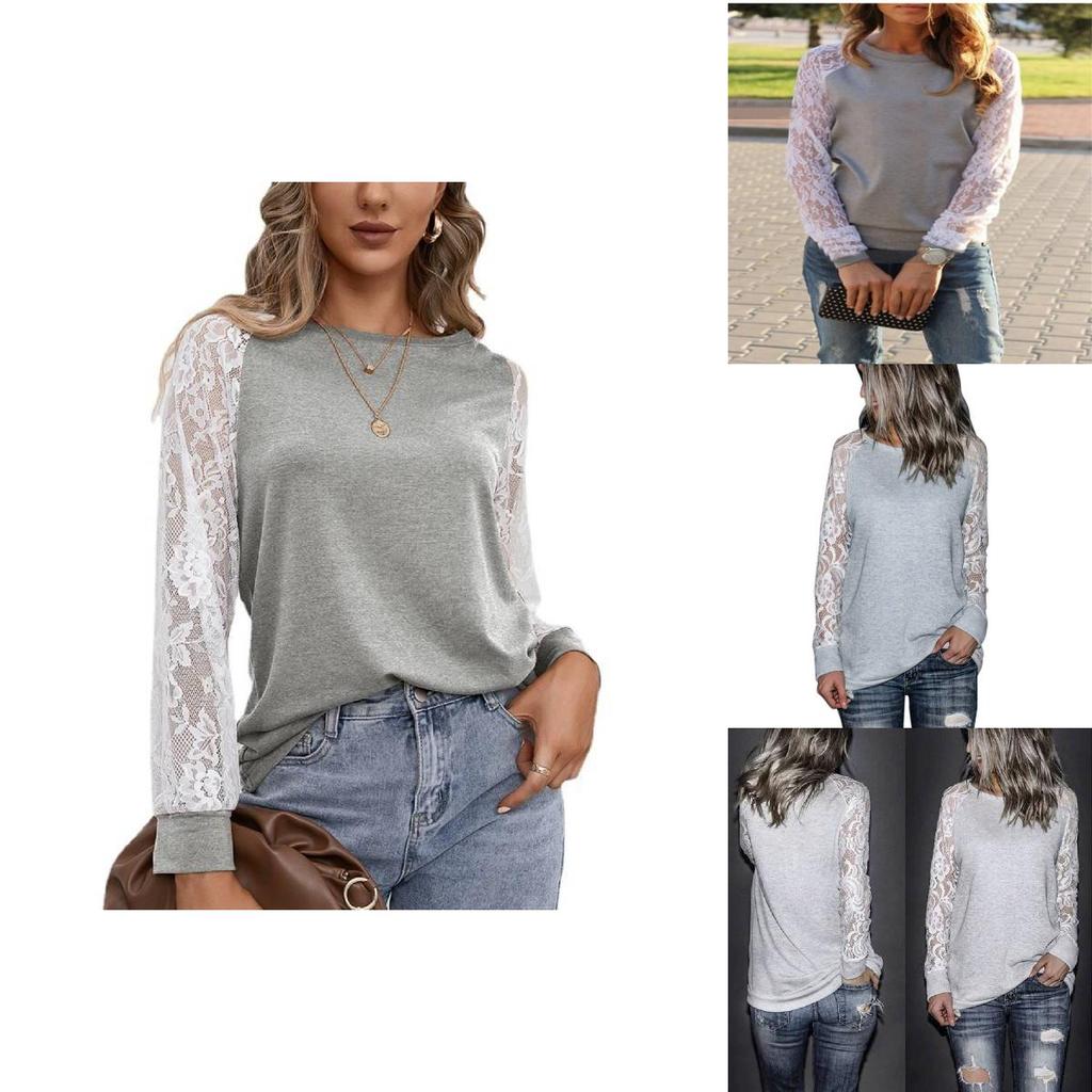 Trim Lace Grey Crew Neck Fitted Tshirt Blended Fabric Hoodie Women Long Sleeve