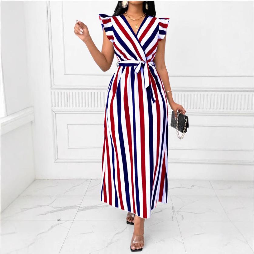 

Женское полосатое платье макси с V-образным вырезом, рукавами с оборками и поясом на талии, элегантное струящееся длинное платье S