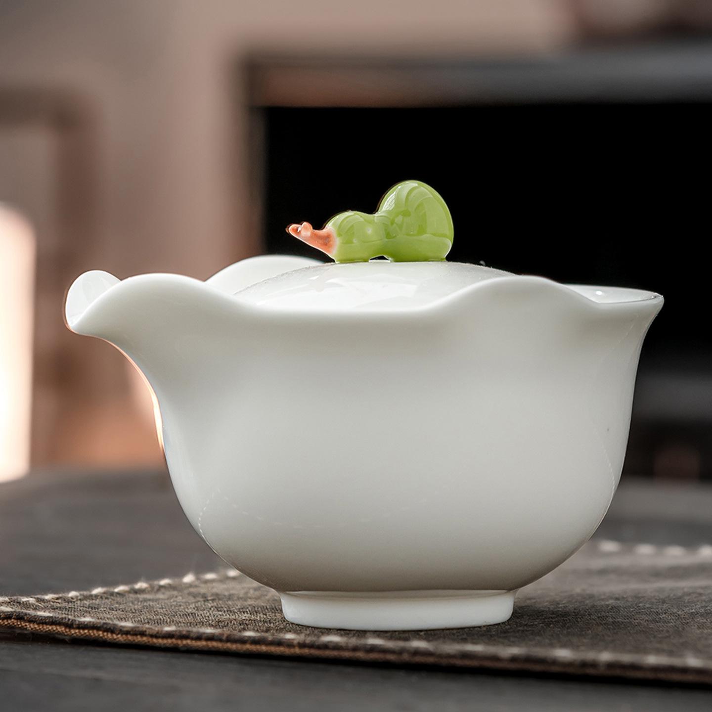 Mutton Fat White Porcelain Teapot with Anti-Scalding Kung Fu Tea Set and Lidded Bowl.