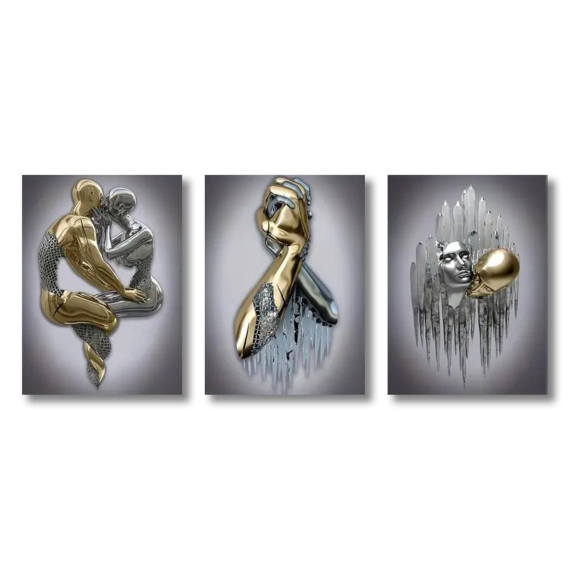 Statue Art Canvas Painting Decor Romantic Abstract Poster Modern Living Room Bedroom 3pcs Metal Figure