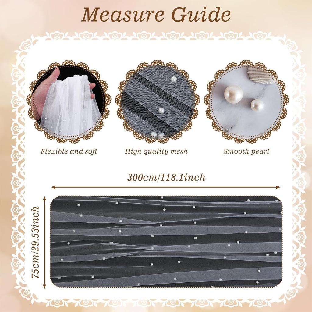 Pearl Table Runner, 10 FT White Tulle Fabric Lace Tablecloth Wedding Table Runner Pearl Decor for Bridal Shower Birthday Party Wedding Arch Veil
