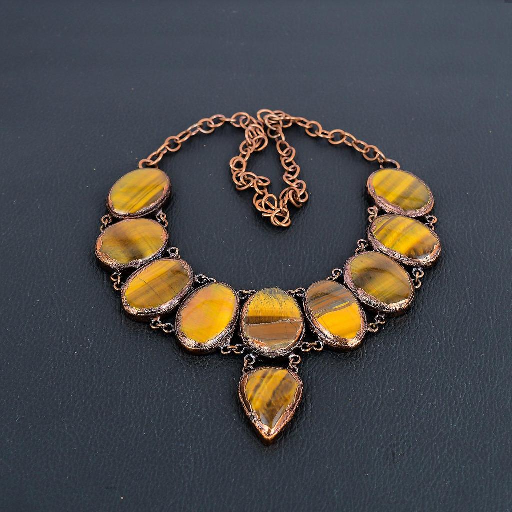 Tiger's Eye Copper Electroformed Necklace with Adjustable Chain, Handmade Gemstone Jewelry Necklace For Memorial Day