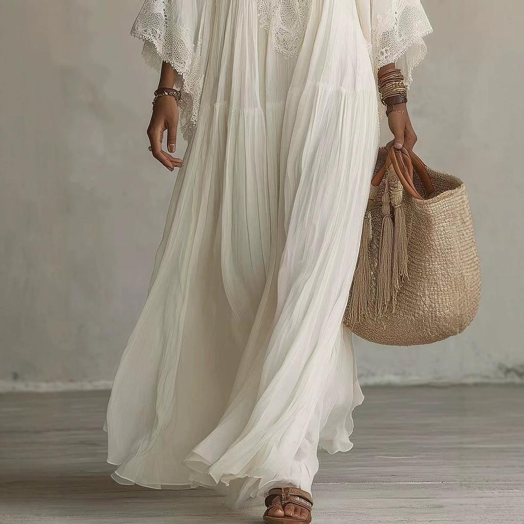 Rochie lungă albă din dantelă cu decolteu în V, rochie de vacanță pe plajă cu mâneci evazate, pliurile de zână sunt elegante și relaxate la malul mării