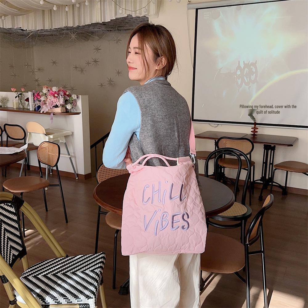 Autumn/Winter Quilted Canvas Tote & Crossbody Bag with Korean Style Embroidered Lettering