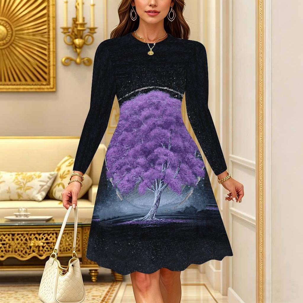 Women Long Sleeve Round Neck Midi Dress Retro Paisley Floral Swirl Print Flared Casual Dress