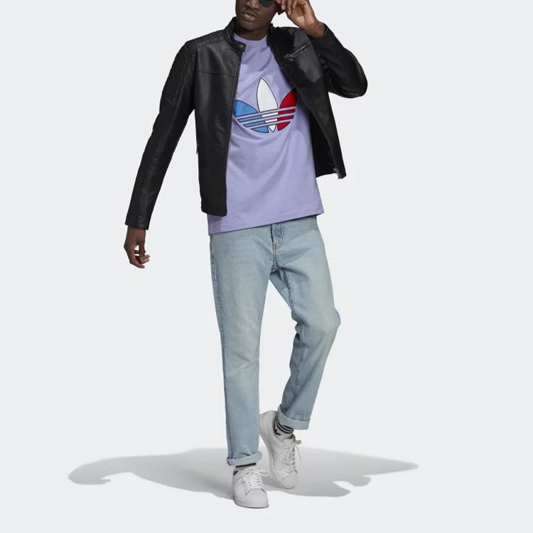Adidas Originals Trefoil Tricolor Tee Loose Round Neck Short Sleeve T-Shirt Men Tops Light-Purple GQ8922