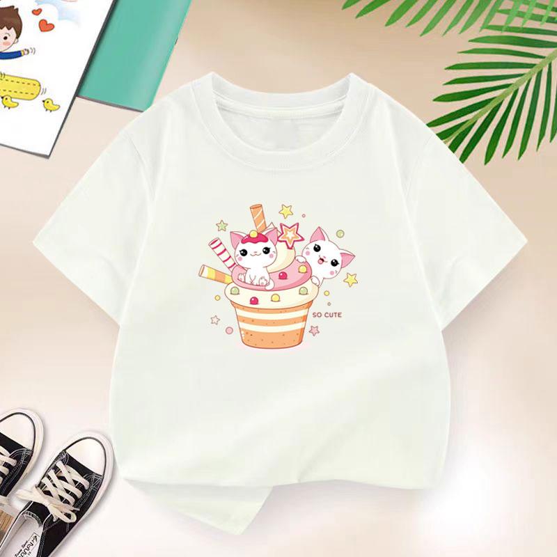 

2-14 лет хлопковые футболки для девочек с рисунком мороженого кота футболки 2025 летние повседневные модные детские футболки топы с принтом Харадзюку футболки 7-8T(140cm)