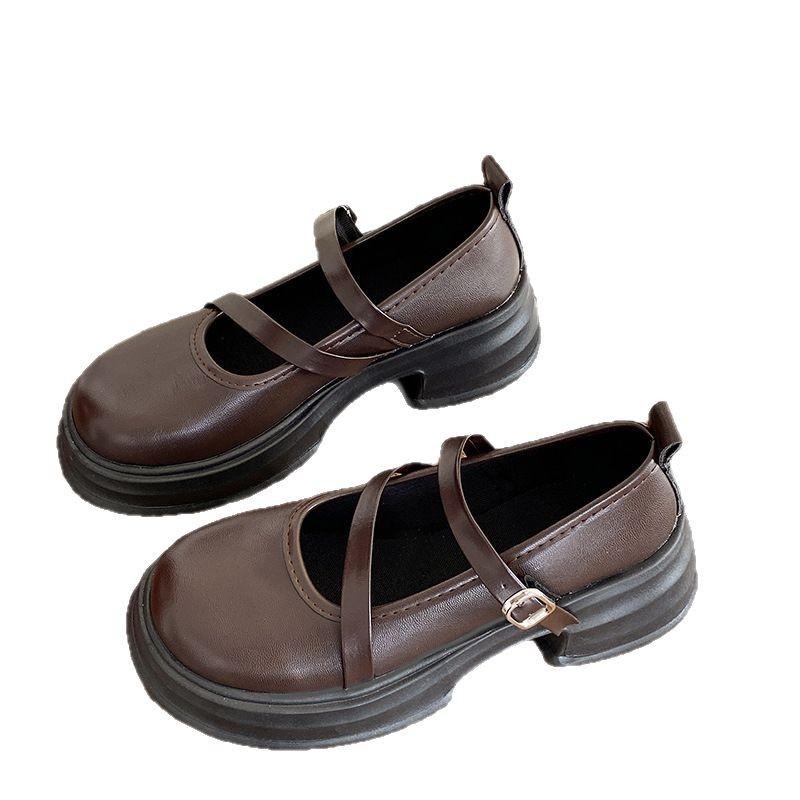 Round Head Retro British Style Small Leather Shoes 22 New Summer Platform Thick Heel French Trendy Mary Jane Single Shoes