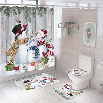 4pcs Merry Christmas Shower Curtain Polyester Shower Curtain Pedestal Rug Set Bathroom Decor Waterproof Curtain