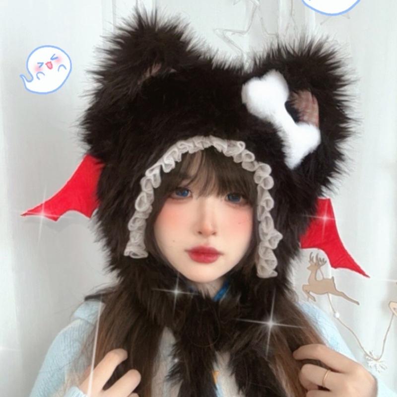 Furry Cartoon Head Cover with Ear for Outdoor Sports Furry Hat Kitten Oversized Headgear Hat for Winter
