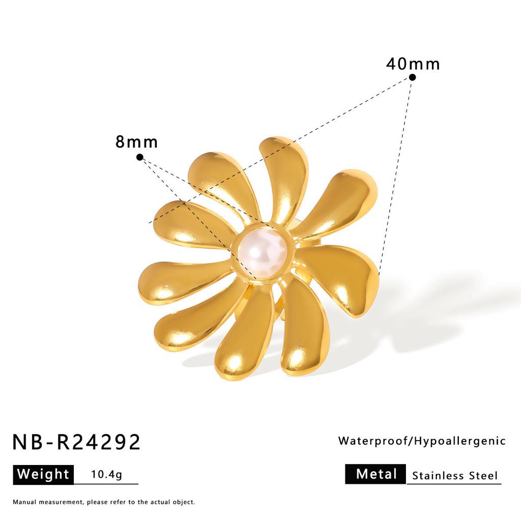 18K Gold Plated Stainless Steel Flower Pearl Ring, Custom Vintage Statement Ring for Cocktail Party Birthday Gift