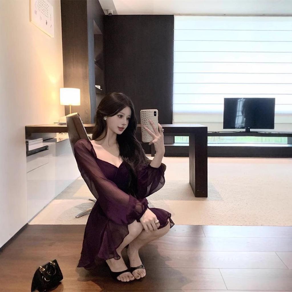 Purple V-Neck Mesh Slimming Dress for Women - Fall 2025 Collection