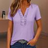 Women Tops V Neck Ruffle Trim Buttons Half Placket Short Sleeve Regular Fit Casual T-shirt Pure Color Summer Tops