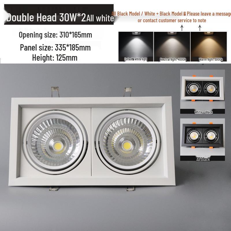 LED Double Head Spotlight: Embedded Grille, Single or Triple Head, Square Cylinder Design - Ideal for Living Room or Commercial Spaces.