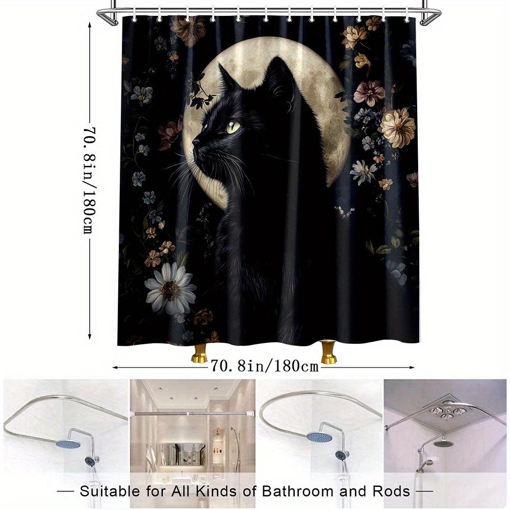 1pc Elegant Black Cat & Floral Shower Curtain - Polyester Fabric Bathroom Decor with 12 Hooks, 70. 8x70. 8 Inches, Moonlit Fores