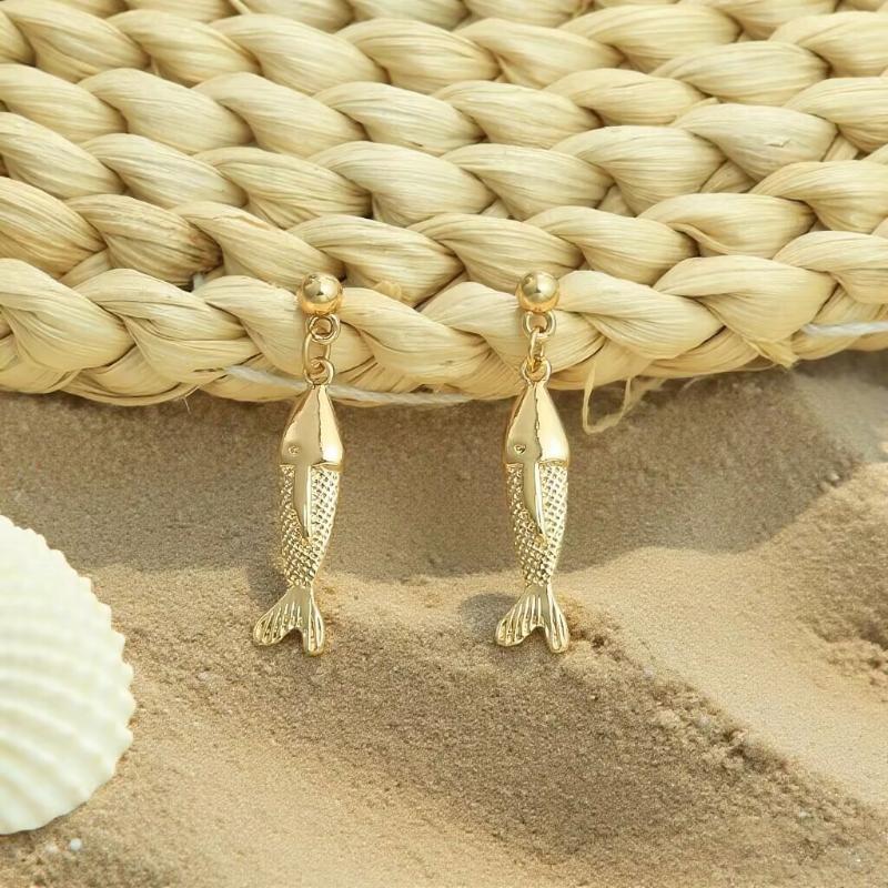 Titanium Steel Small Fish Earrings, Retro Artistic Style Long Earrings, Stainless Steel Gold-Plated Color Preserving Jewelry