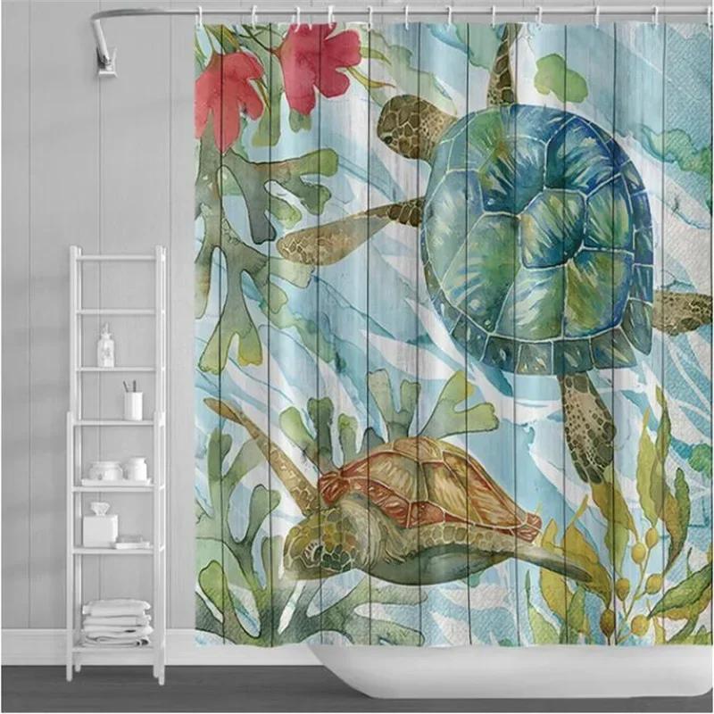 Underwater World Bathroom Shower Curtain Sea Turtle Dolphin Ocean Creature Landscape Bath Curtains Children Cloth Bathroom Decor