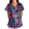 Women V Neck Printed Short Sleeve Loose Fit Scrub Top with Pockets for Nurses Caregivers Work Uniform Shirt