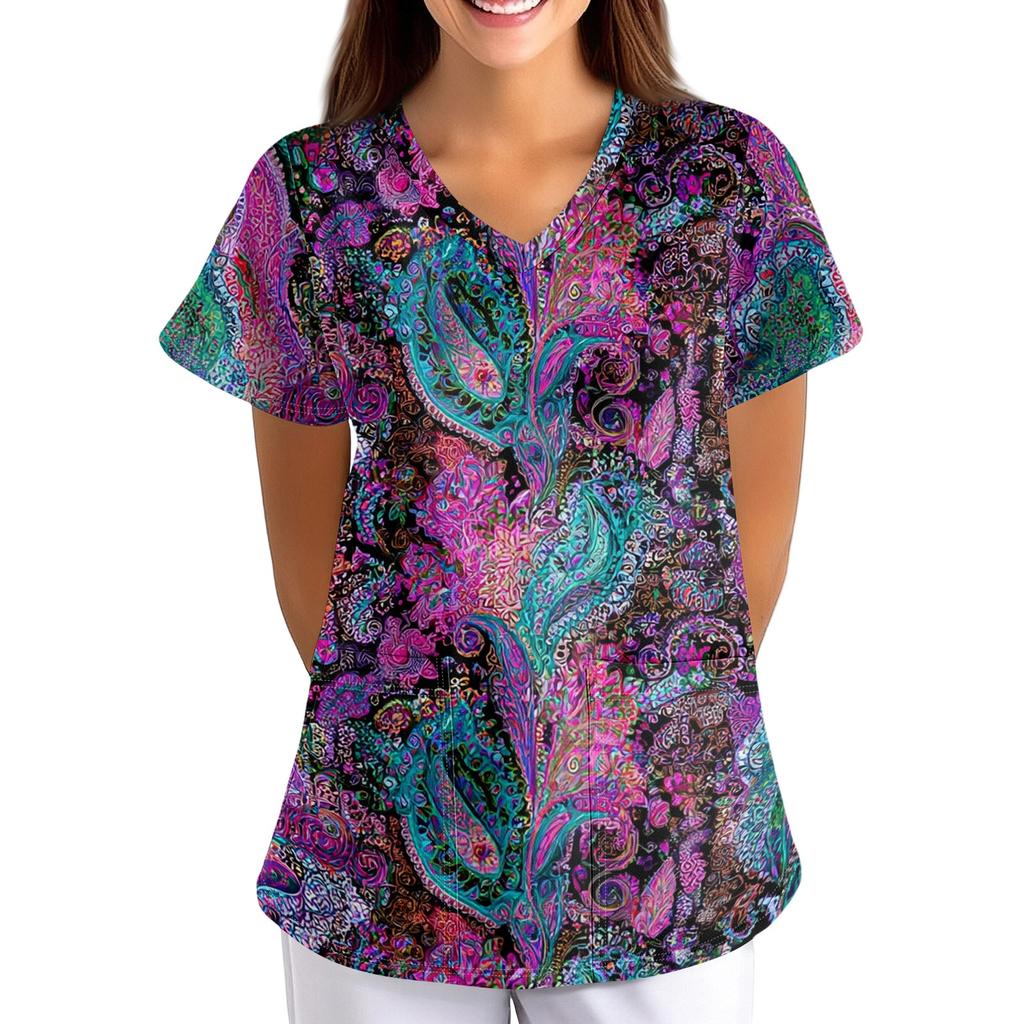 Women V Neck Printed Short Sleeve Loose Fit Scrub Top with Pockets for Nurses Caregivers Work Uniform Shirt