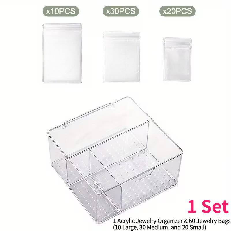 

3-In-1 Acrylic Jewelry Storage Box with 60 Portable Jewelry Pouches for Travel Earrings Rings Necklaces Bracelet Clear Organizer