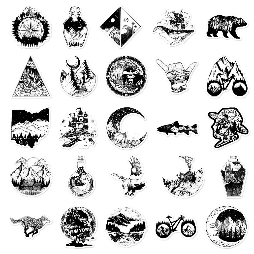 50 Stück Kreative Schwarz-Weiß Gothic Aufkleber Punk Stil Wasserdicht Koffer Graffiti Aufkleber Motorrad Kopfaufkleber