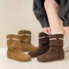 French Design Ruffle Edge Suede Round Head Pleated Piled Boots Women's Autumn and Winter Fashion Retro Foreign Style Flat Bottom Martin Boots