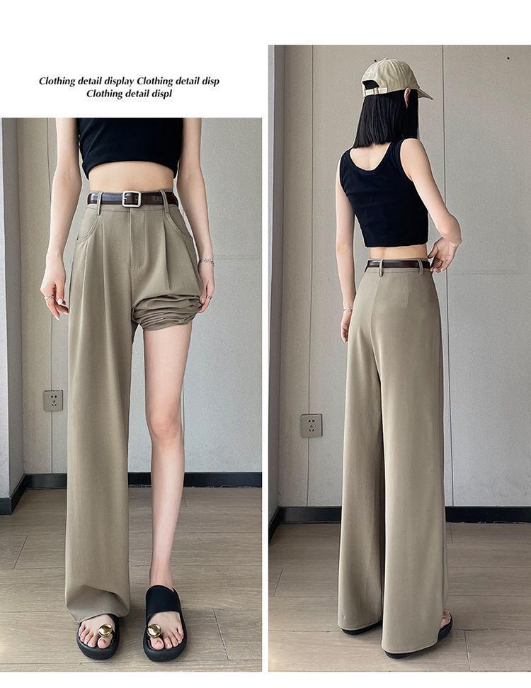 Khaki High-Waisted Slim-Fit Wide-Leg Dress Pants for Women - Spring/Summer Collection