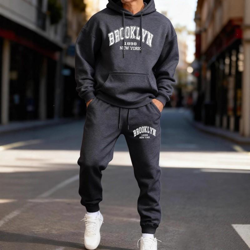 Mens Hooded Sweatshirt Tracksuit 2 Piece Set Letter Print Casual Warm Sportswear