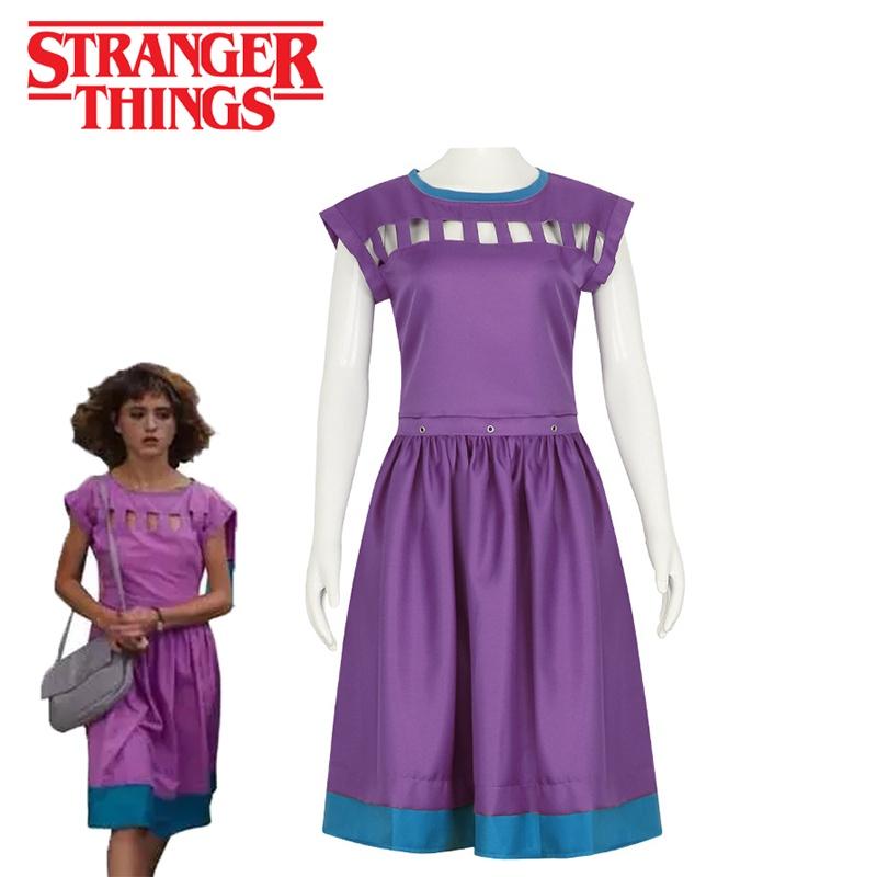 Nancy Wheeler Cosplay Costume For Stranger Things 3 Fans Purple Dress Outfit For Halloween