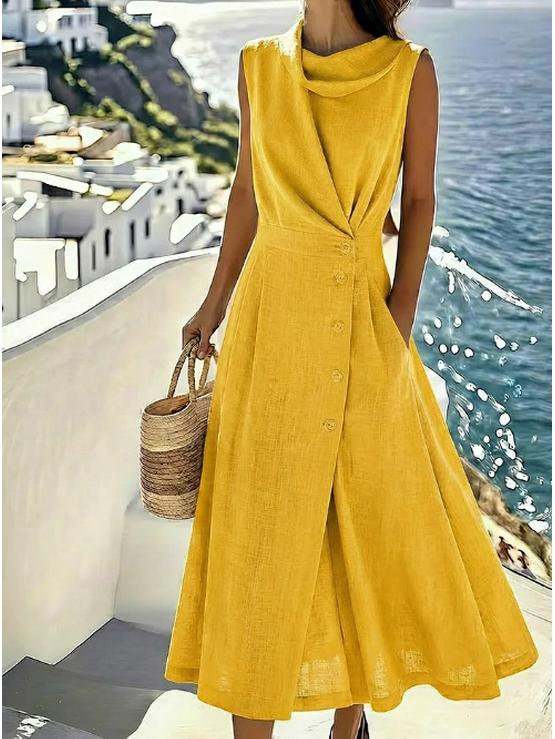 Elegantes ärmelloses Kleid aus französischer Leinen-Baumwolle für Damen - Strandurlaub 2026