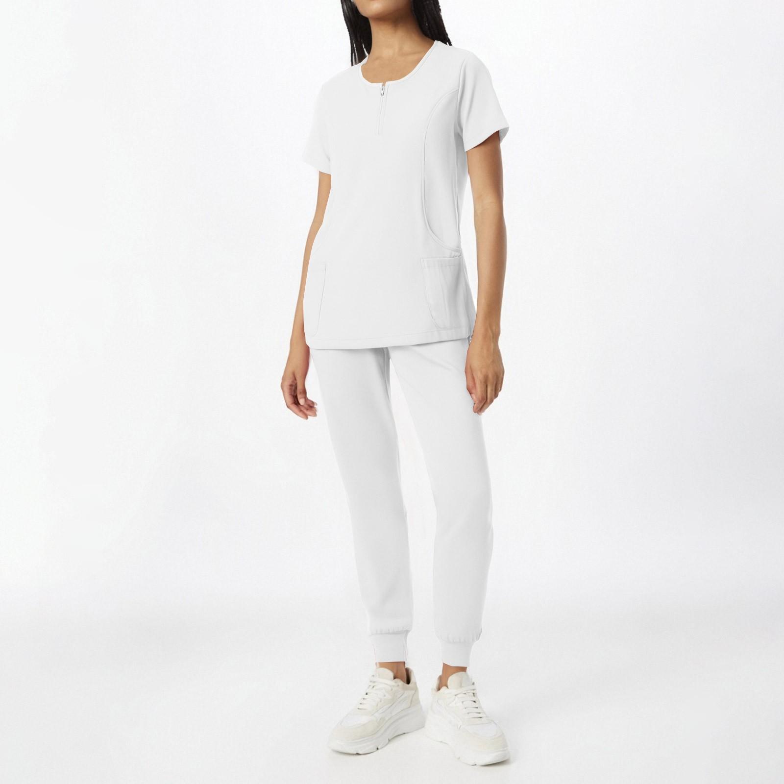 

Женский однотонный топ с короткими рукавами и круглым вырезом, карманы, брюки, рабочая одежда, комплект из двух предметов XL белый